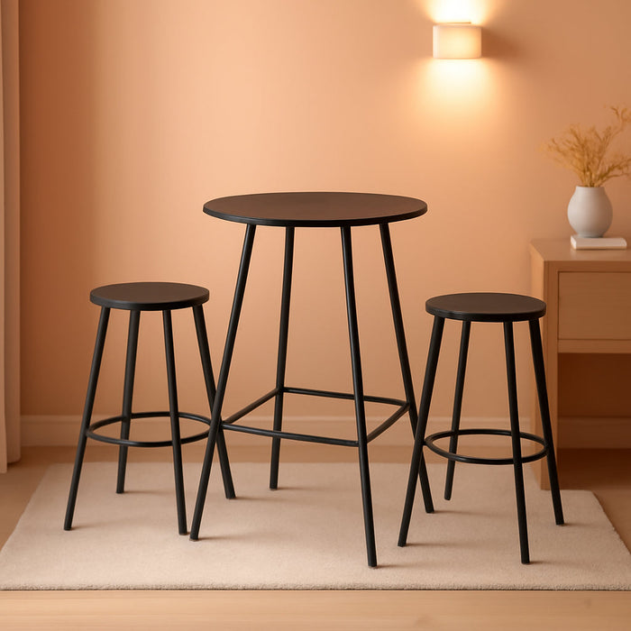 3 Piece Bar Height Patio Bistro Set, Patio Furniture Set, Outdoor round Bar Table, Steel W/Backless Bar Stools - Black