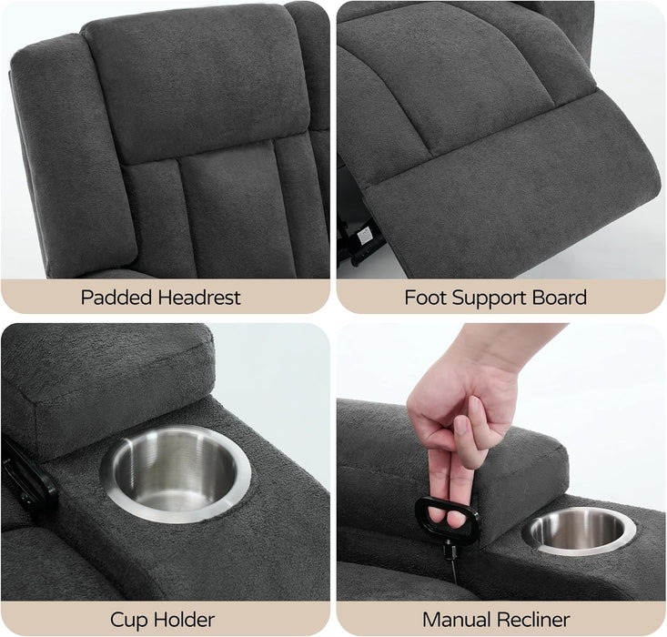 Recliner Loveseat Sofa with Cup Holders, 2-Seater Fabric Reclining Couch, Manual Recliner Wall Hugger for Living Room, Small Spaces, Home Theater (Dark Gray)