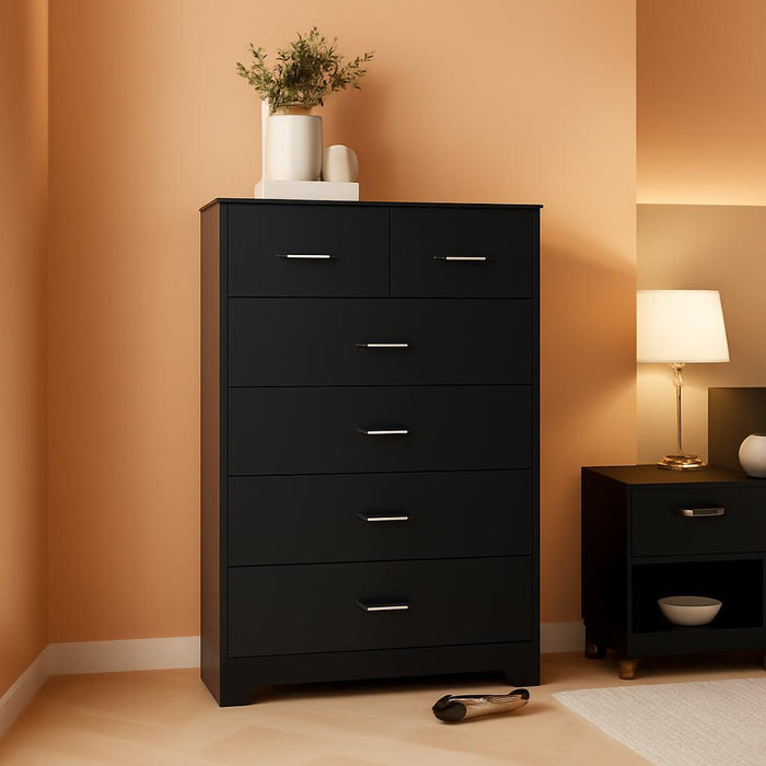 Black Contemporary Six Drawer Dresser With Outlets