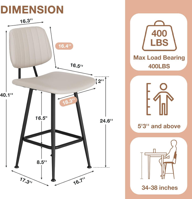 24-Inch Leather Bar Stools Set of 2 with High Backrest, Beige