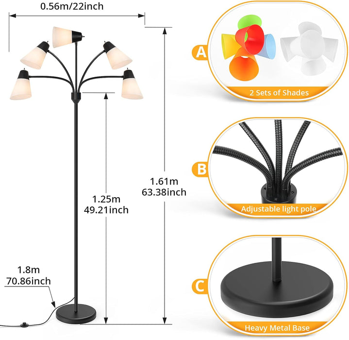 LED Floor Lamp, Medusa Multi Head Modern Tall, Rustic Adjustable Reading Standing Light for Living/Kids Room, Bedroom, Black