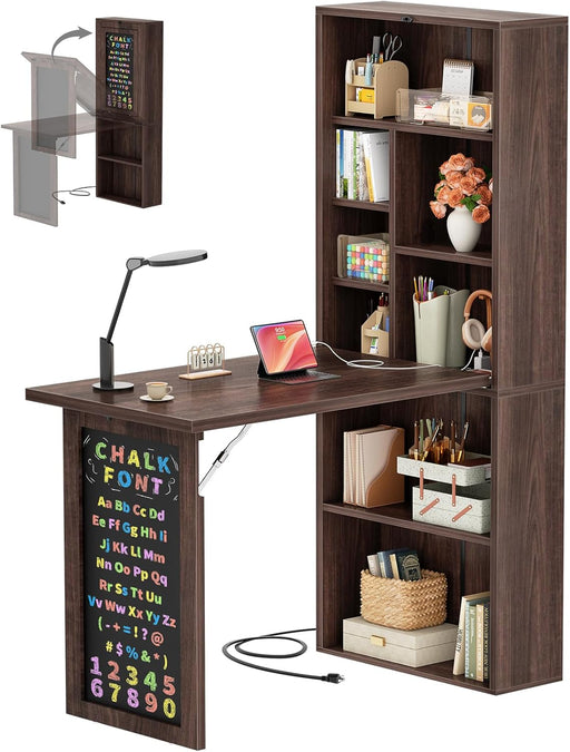 Small Folding Desk with Outlets, Convertible Writing Desk for Small Spaces/Home Office/Craft Room, Multi-Function Desk Workstation with Blackboard, Fold-Out Cabinet Table, Black Walnut
