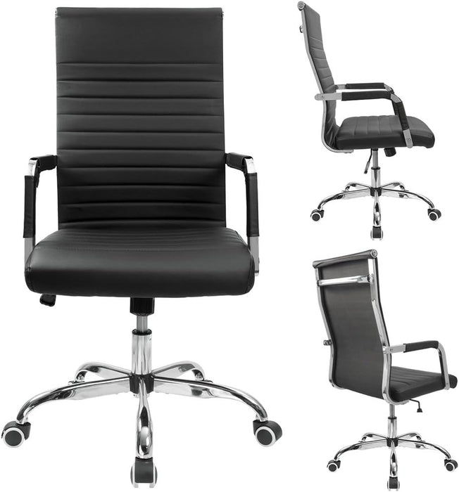 Ribbed Office Desk Chair Mid-Back PU Leather Executive Conference Task Chair Adjustable Swivel Chair with Arms (Black)