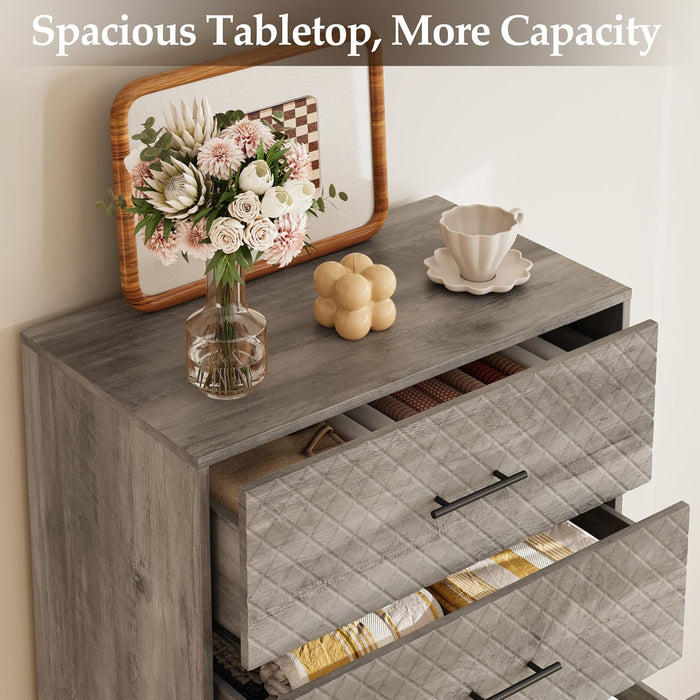 Tall Dresser with 5 Drawers, Modern Wooden Chest of Drawers with Diamond Panel, Anti-Tipping Device, Sturdy and Stable Storage Organizer for Bedroom, Hallway, Living Room