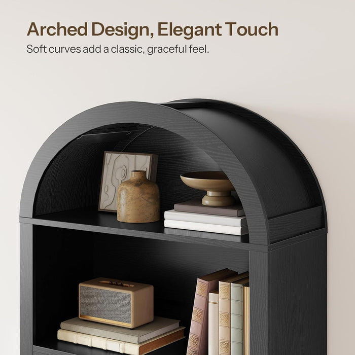 70.9" Tall Arched Bookcase, Wooden Open Display Shelves, Black | 5-Tier Book Shelf with Storage, Farmhouse Arched Cabinet for Bedroom, Home Office, Living Room