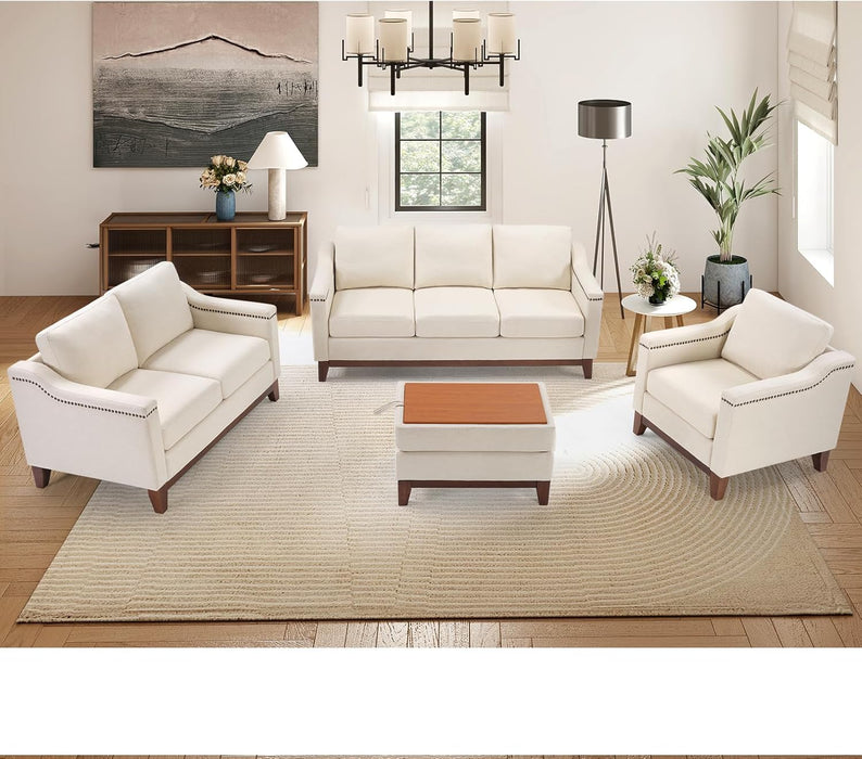 Beige ThreeSeater Upholstered Sofa With Nailhead Trim
