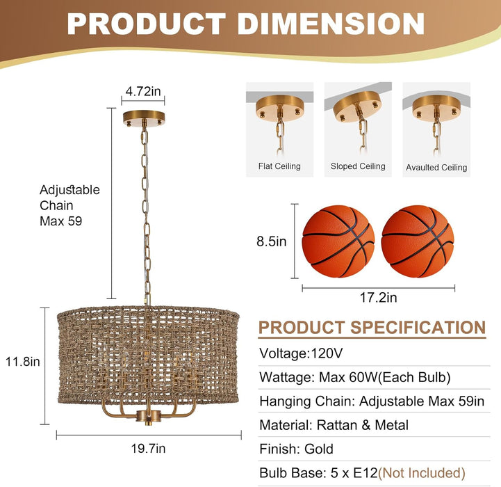 Golden Handwoven Rattan Drum Chandelier Dining Room