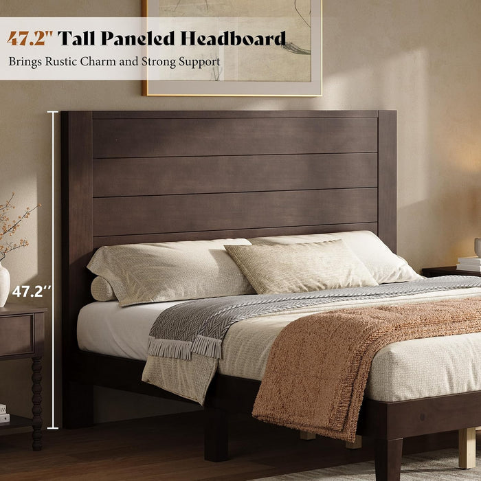 Queen Size Solid Wood Bed Frame with 48" Headboard Design, Walnut