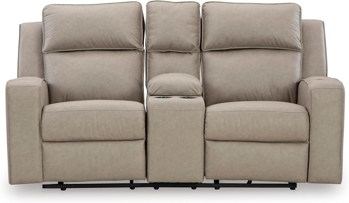 Signature Design by Ashley Lavenhorne Contemporary Faux Leather Manual Reclining Loveseat with Console and Cup Holders, Beige
