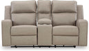 Signature Design by Ashley Lavenhorne Contemporary Faux Leather Manual Reclining Loveseat with Console and Cup Holders, Beige