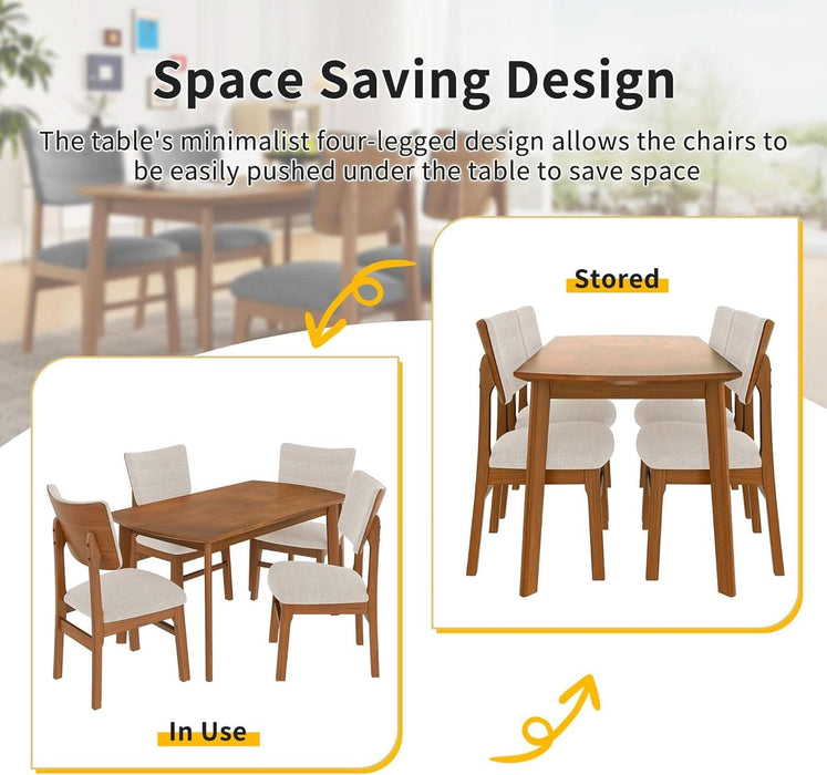 5 Piece Solid Wood Dining Table Set, Farmhouse Mid-Century Modern Table & 4 Upholstered Chairs for Home, Kitchen, Apartment, Space Saving, Brown+Biege
