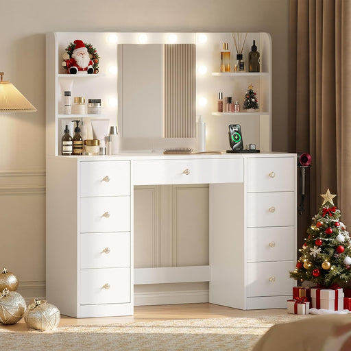 Vanity Desk with Mirror and Lights, Makeup Vanity Vanity Desk with 9 Drawers and 6 Storage Shelves Dressing Table, Vanity Desks with Power Outlet and 3 Color Modes 10 LED Bulb for Girls White