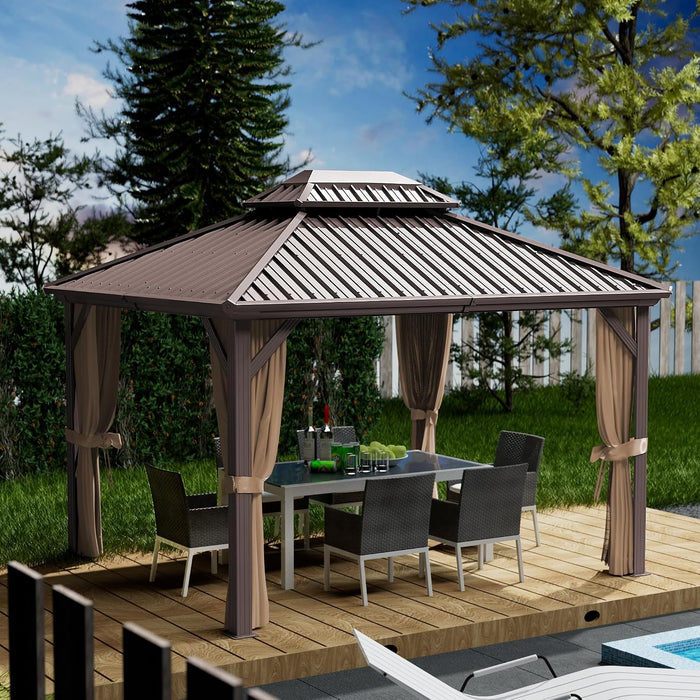 Caesar 10'X12' Hardtop Gazebo - Permanent Metal Pavilion with Netting and Shaded Curtains for Patio, Backyard, and Deck - Galvanized Steel Outdoor Aluminum Canopy, Double Roof Gazebo (Brown)