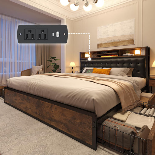 Queen Bed Frame with 4 Storage Drawers, Bed Frame Queen Size with Upholstered Headboard and Built in Charging Station, No Noise, Metal Support, No Box Spring Needed,Vintage Brown
