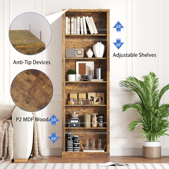 74" Tall Bookshelf, 6-Tier Floor Standing Bookcase with 2 Adjustable Shelves, 24" Wide Open Storage Shelf, Modern Display Organizer for Home Office, Living Room, Bedroom, Study