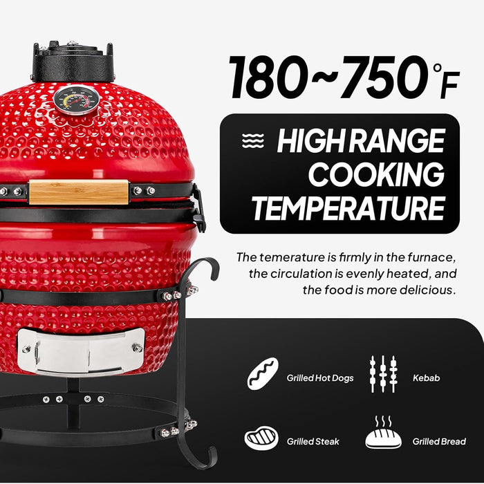 13IN Red Spherical Ceramic Charcoal Grill with Inner Liner, Portable BBQ Smoker for Outdoor Cooking, Camping, and Backyard Grilling