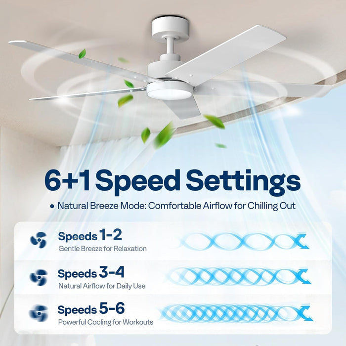 Ceiling Fans with Lights, 52 Inch Low Profile Ceiling Fan with Light and Remote, Flush Mount for Bedroom, Living Room, Garage, 6+1 Speeds, 3CCT, Dimmable, Timer, Quiet Reversible, White