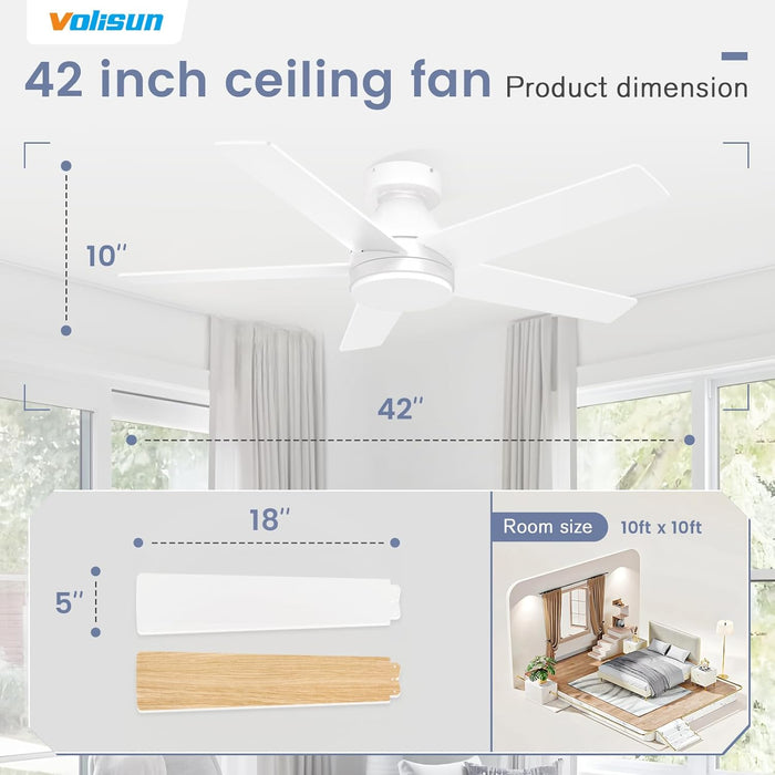 Ceiling Fan with Lights and Remote, 42 Inch Low Profile Ceiling Fan with Light, Reversible, 3CCT, Dimmable, Noiseless, White Flush Mount Ceilings Fans for Bedroom, Indoor/Outdoor