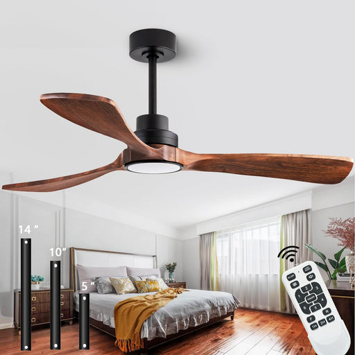 52" Wood Ceiling Fan, (With Light with Remote Control) with 3 Solid Wood Blades, Wooden Ceiling Fan for Indoor and Outdoor Use, Suitable for Living Room, Dining Room, Patio and More.