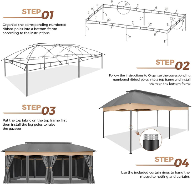 Gazebo 12X20 Heavy Duty Gazebo with Curtain and Nettings Outdoor Gazebo Double Roof Patio Gazebo with Metal Steel Frame Gazebo Tent for Patio, Deck, Backyard (Grey, Arc Top, Curtain & Netting)