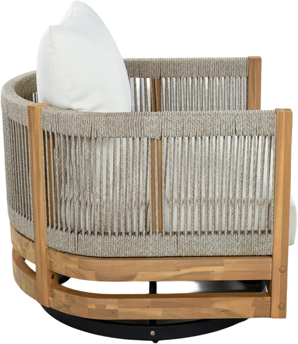 Sue Outdoor Acacia Wood Swivel Accent Chairs Set of 2 with Cushions, 360° Rotating Lounge Chair Outdoor with Rope Accent, Outdoor Swivel Chairs for Garden, Natural + Beige