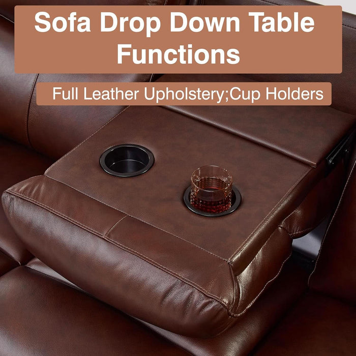 Brown Power Top Grain Leather Recliner Sofa Loveseat Set with USB Port, Genuine Leather Living Room Recliner Furniture Sofa Set, Reclining Couch Loveseat with Cup Holders.