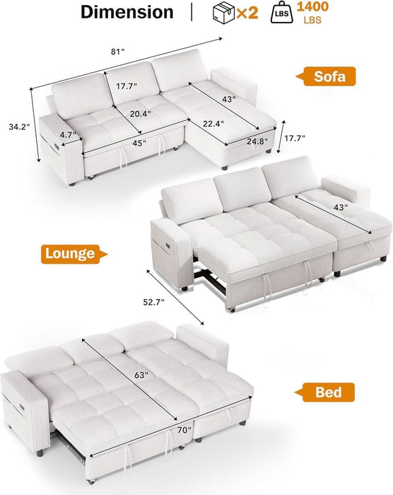 81" Sectional Sleeper Sofa with Pull Out Bed, L Shaped Sleeper Sofa, Pull Out Couch with Reclining Backrest, Reversible Storage Chaise, USB Ports, Tool-Free Assembly, Chenille Beige