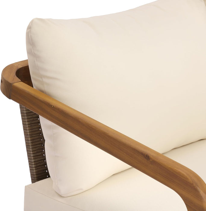 Kai 4 Piece Patio Furniture Set with Slatted Coffee Table, Outdoor Sofa Set with PE Wicker Backrest & Cushions, Acacia Wood Conversation Set for Backyard,Cream+Light Brown+Teak