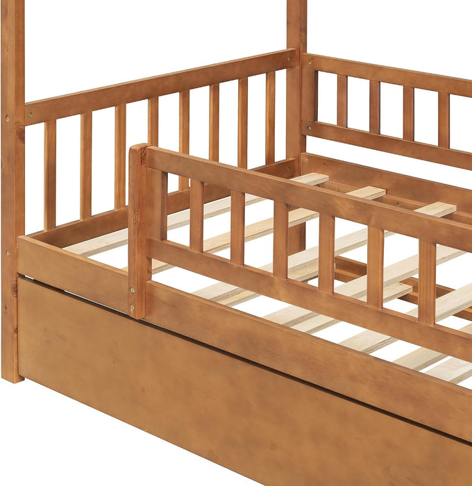 Walnut Solid Wood House Bed Trundle UnitBundleWithDrawers