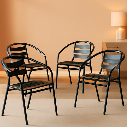 Aluminum Slat Back Stacking Outdoor Restaurant Chairs, Modern Stackable Patio Chairs for Restaurants, Set of 4, Black
