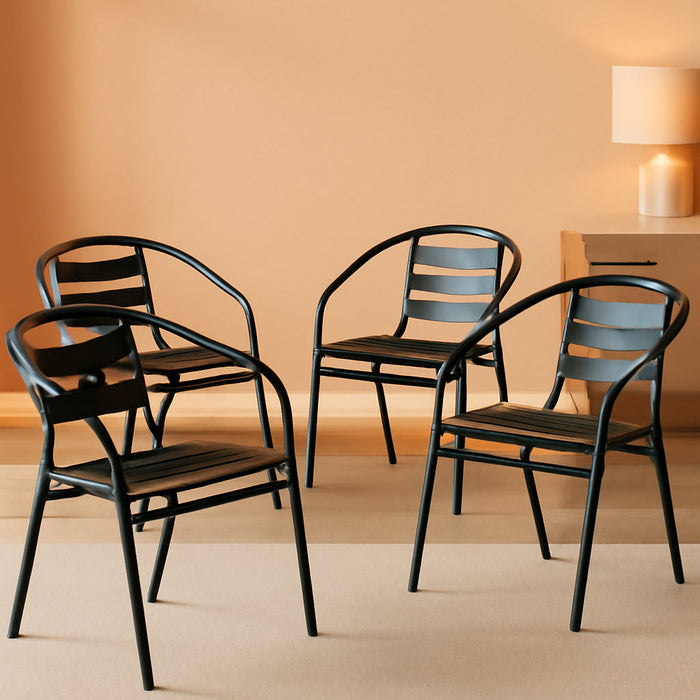 Aluminum Slat Back Stacking Outdoor Restaurant Chairs, Modern Stackable Patio Chairs for Restaurants, Set of 4, Black