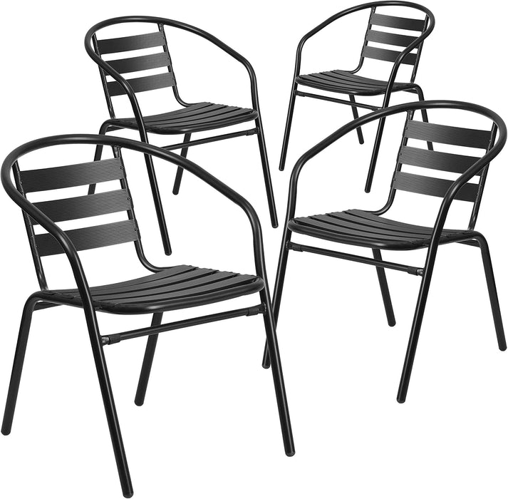 Aluminum Slat Back Stacking Outdoor Restaurant Chairs, Modern Stackable Patio Chairs for Restaurants, Set of 4, Black