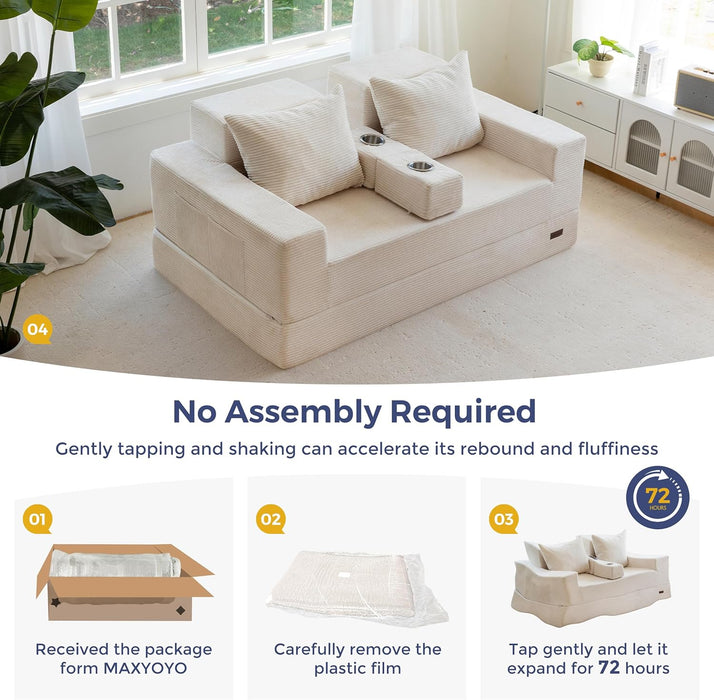 Beige Foldable Convertible Sleeper Sofa With CupHolders