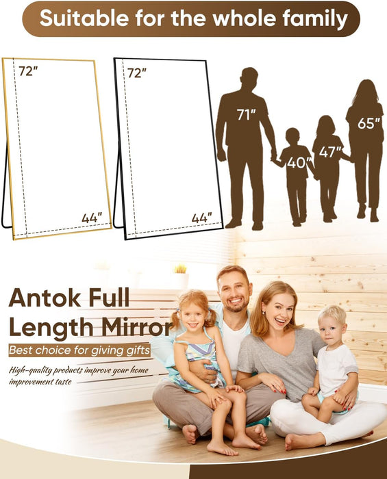 Full Length Mirror, 72"X44" Floor Mirror, Floor Standing Freestanding Full Body Mirror with Stand for Bedroom, Hanging Mounted for Living Room Cloakroom, Black
