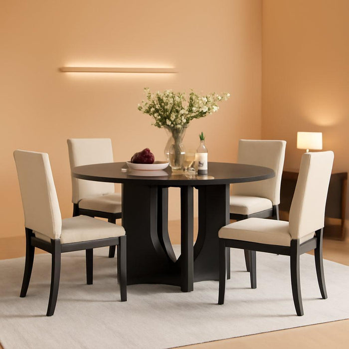 47.3" round Dining Set with 4 Upholstered Dining Chairs, Modern Dining Table Set for 4, 5-Piece round Dining Table Set for Living Room, Kitchen, Antique Black & Beige