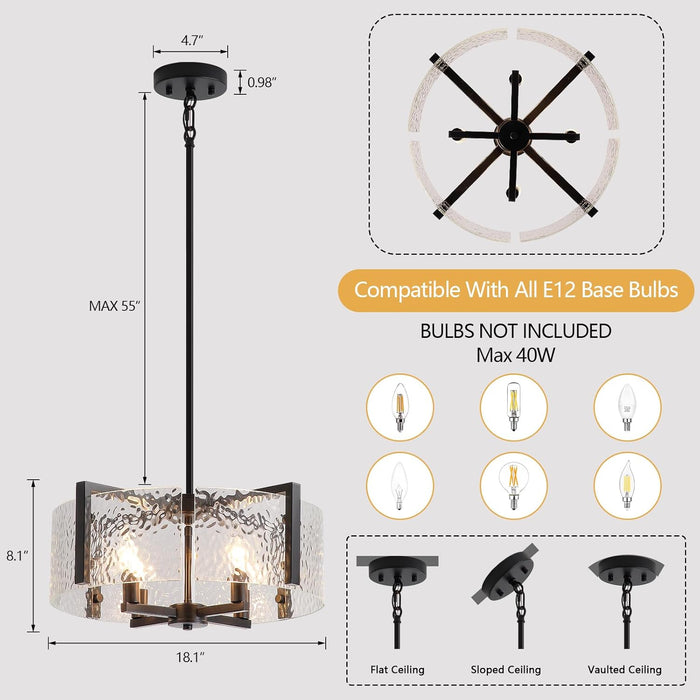 Black Drum Glass Chandelier With Crystal Ripple Shade