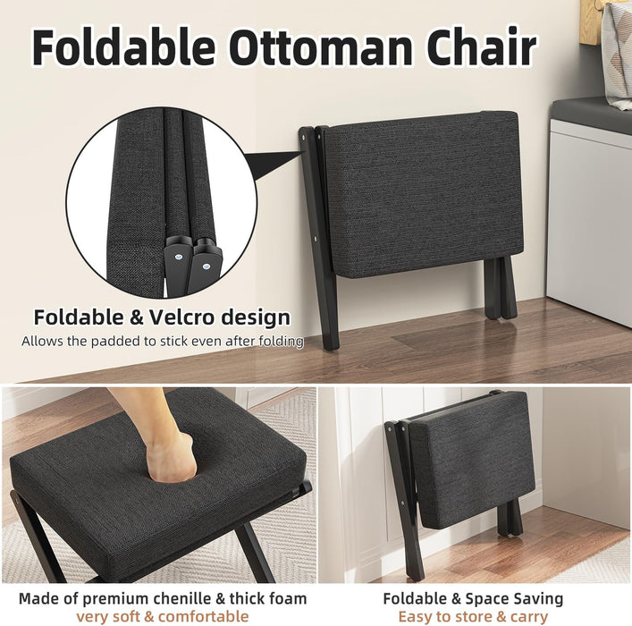 Foldable Foot Stool Ottoman, Modern Foot Rest with Bamboo X Legs & Thick Foam Cushion, Folding Foot Stools Small Padded for Bedroom Living Room, Footstool for Chair Couch (Black - Black)