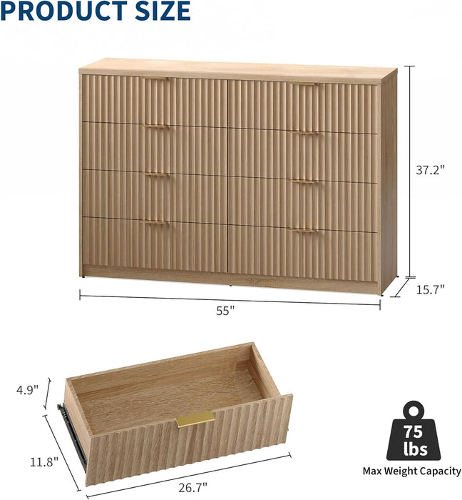 Fluted 8 Drawer Dresser for Bedroom, Wide Chest of Drawers for Closet and Bedroom Storage, Dresser Storage for Living Room
