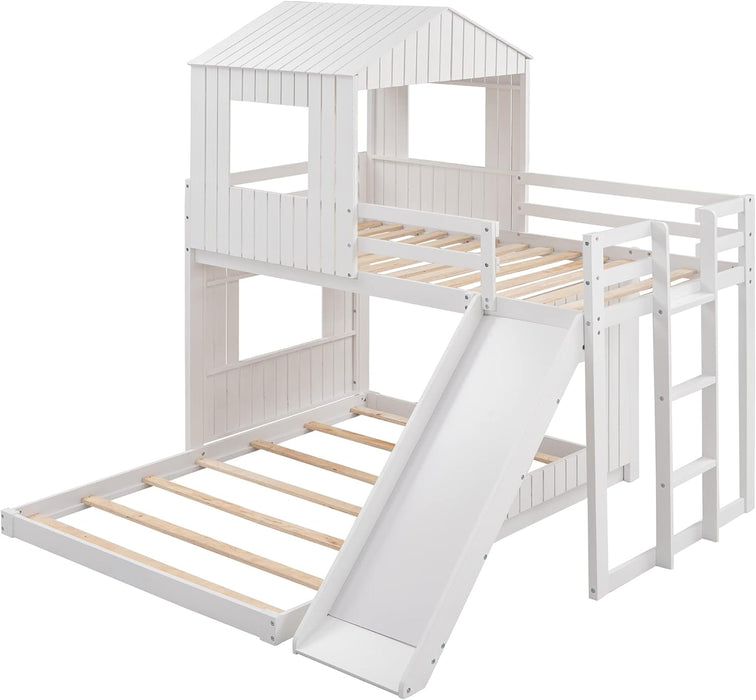 Twin over Full Bunk Bed Frames Loft Bed with Slide, House Roof, Window and Safety Guardrails for Boys or Girls, White