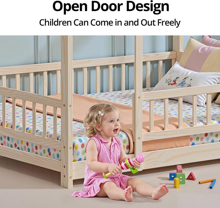 Queen Size Montessori Floor Bed Fence NaturalFinish