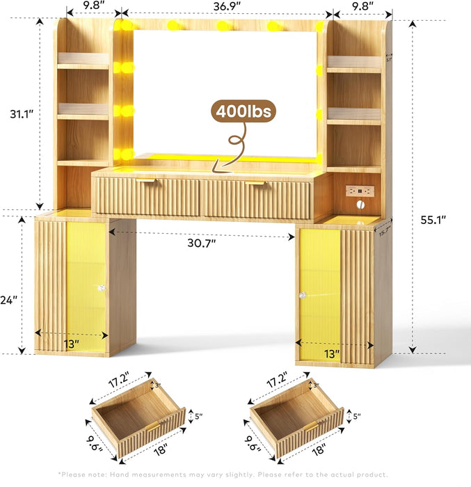 56'' Fluted Makeup Vanity Desk with Large 36" Mirror & Hollywood Bulbs, Smart RGB Lights, Glass Top Vanity with 8 Open Shelves, 2 RGB Drawers & Acrylic Cabinets, Big Vanity with Charging Station, Oak
