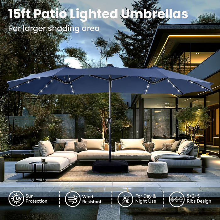 15Ft Large Patio Umbrella with Base & Solar Lights,Rectangle,Navy