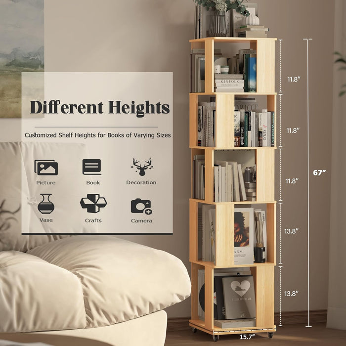Five Tier Solid Wood Rotating Bookshelf NaturalFinish