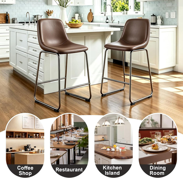 TAVR Counter Height Stools Set of 2, 24 Inch Barstools Hold up to 500 Lbs | Armless Faux Leather Bar Stools with Sturdy Metal Legs & Soft Backrest for Kitchen Island, Coffee Shop, Brown