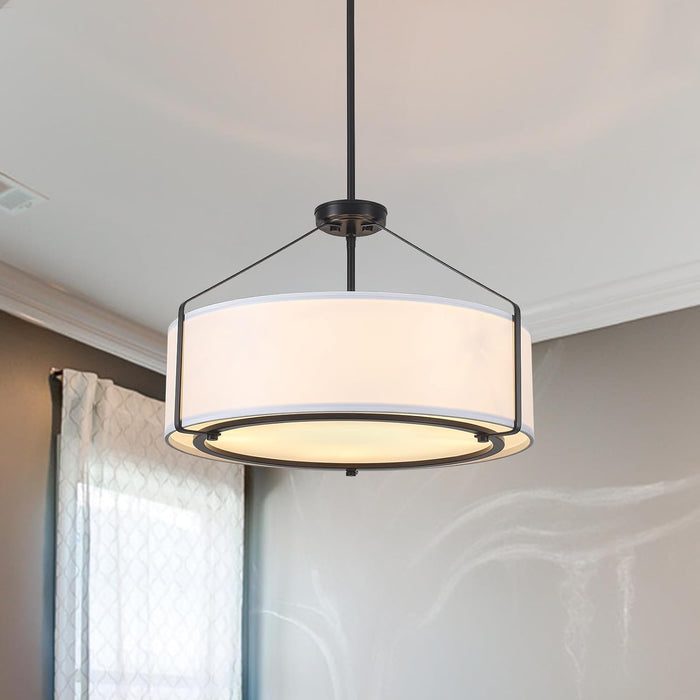 20Inches Drum Chandeliers, 5-Light Modern Farmhouse Pendant Light Fixture with White Linen Fabric Shade, Black round Adjustable Hanging Lights for Dining Room Bedroom Kitchen Foyer Entryway