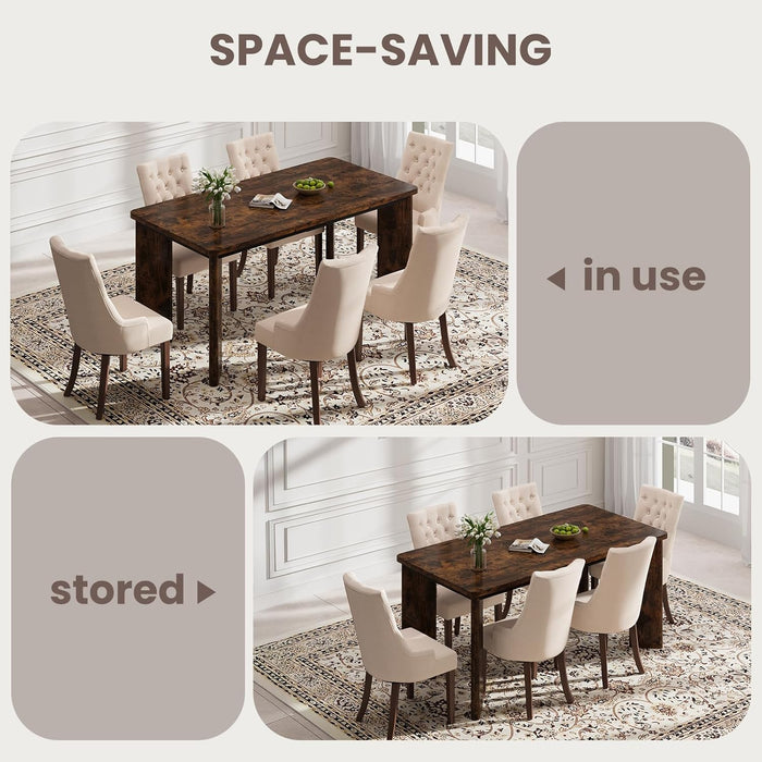 7-Piece Rectangular Dining Table Set for 6, 63" Industrial Kitchen Table with 6 Tufted Parsons Dinner Chairs for Dining Room, Kitchen, Living Room, Brown+Beige
