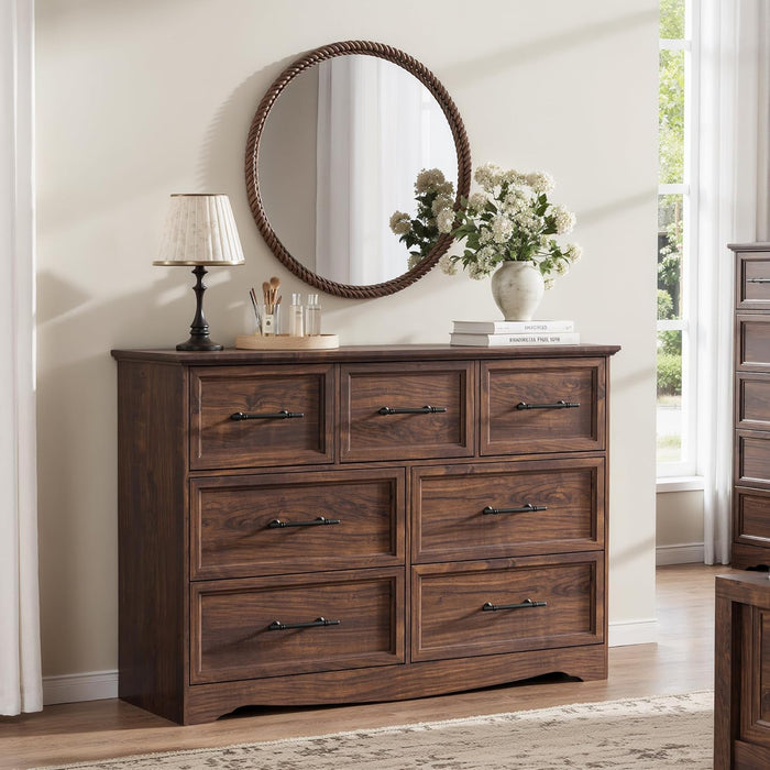 Walnut Farmhouse Dresser for Bedroom, Modern 7 Chest of Drawers, 47" Wide Chest of Drawers with Metal Handle, Wood Dresser TV Stand and Storage Cabinet for Bedroom, Living Room