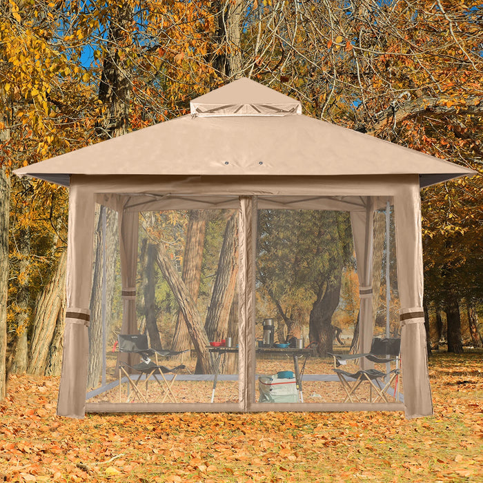 13'X13' Gazebo Tent Outdoor Pop up Gazebo Canopy Shelter with Mosquito Netting, Khaki