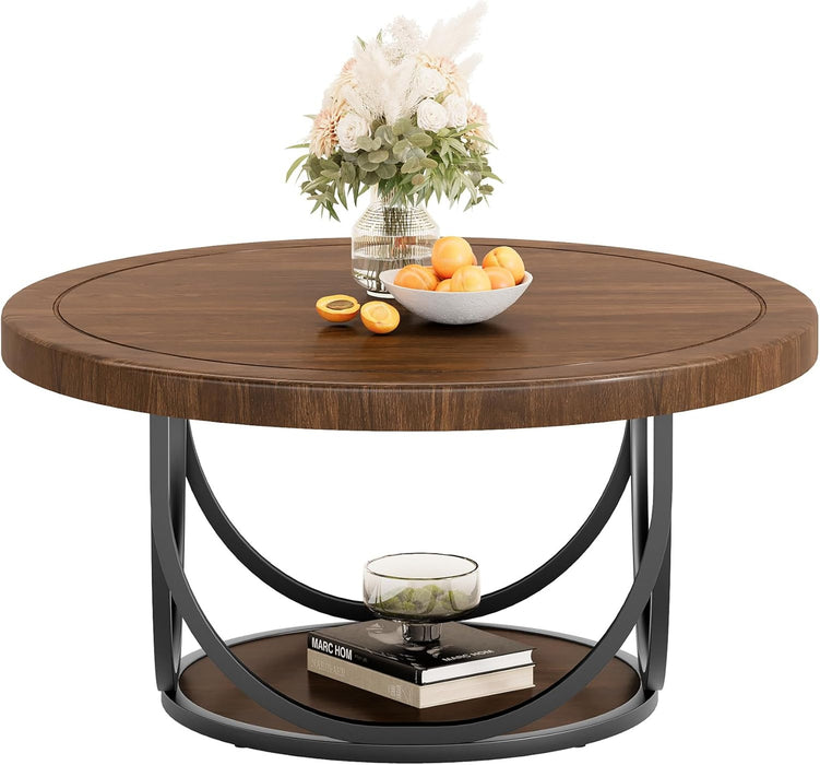 round Coffee Table with 2 Tiers, 33.5" Wooden Circle Accent Cocktail Table with Storage Shelf and Metal Frame, Industrial Center Tables for Living Room, Brown & Black