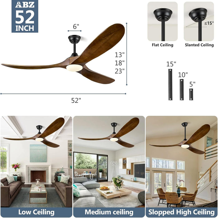 52 Inch Ceiling Fans with Lights and Remote Control, Outdoor Ceiling Fan with Light 3 Blades Propeller Solid Wood Ceiling Fan for Indoor Bedroom Living Room, Walnut Wood